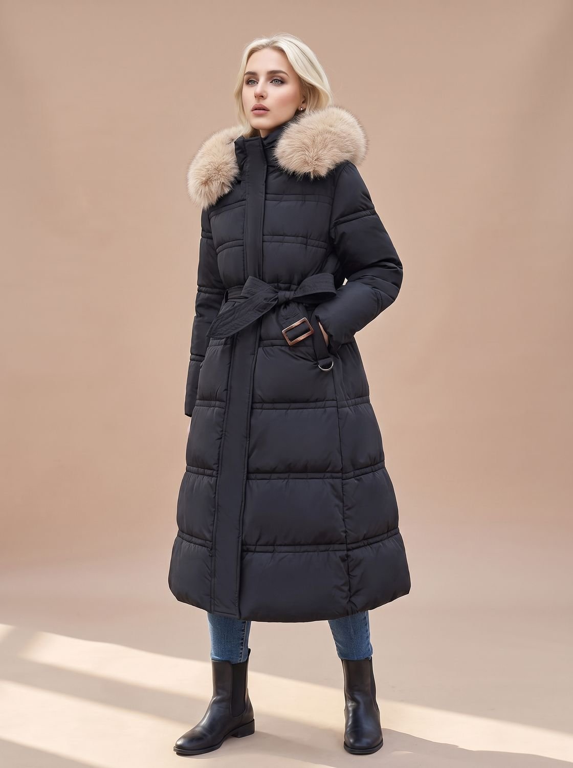 Women's Belt-Detail Mid-Calf Puffer Coat – Black