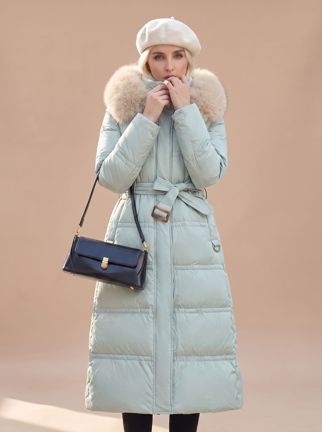 Women's Belt-Detail Mid-Calf Puffer Coat – Blue