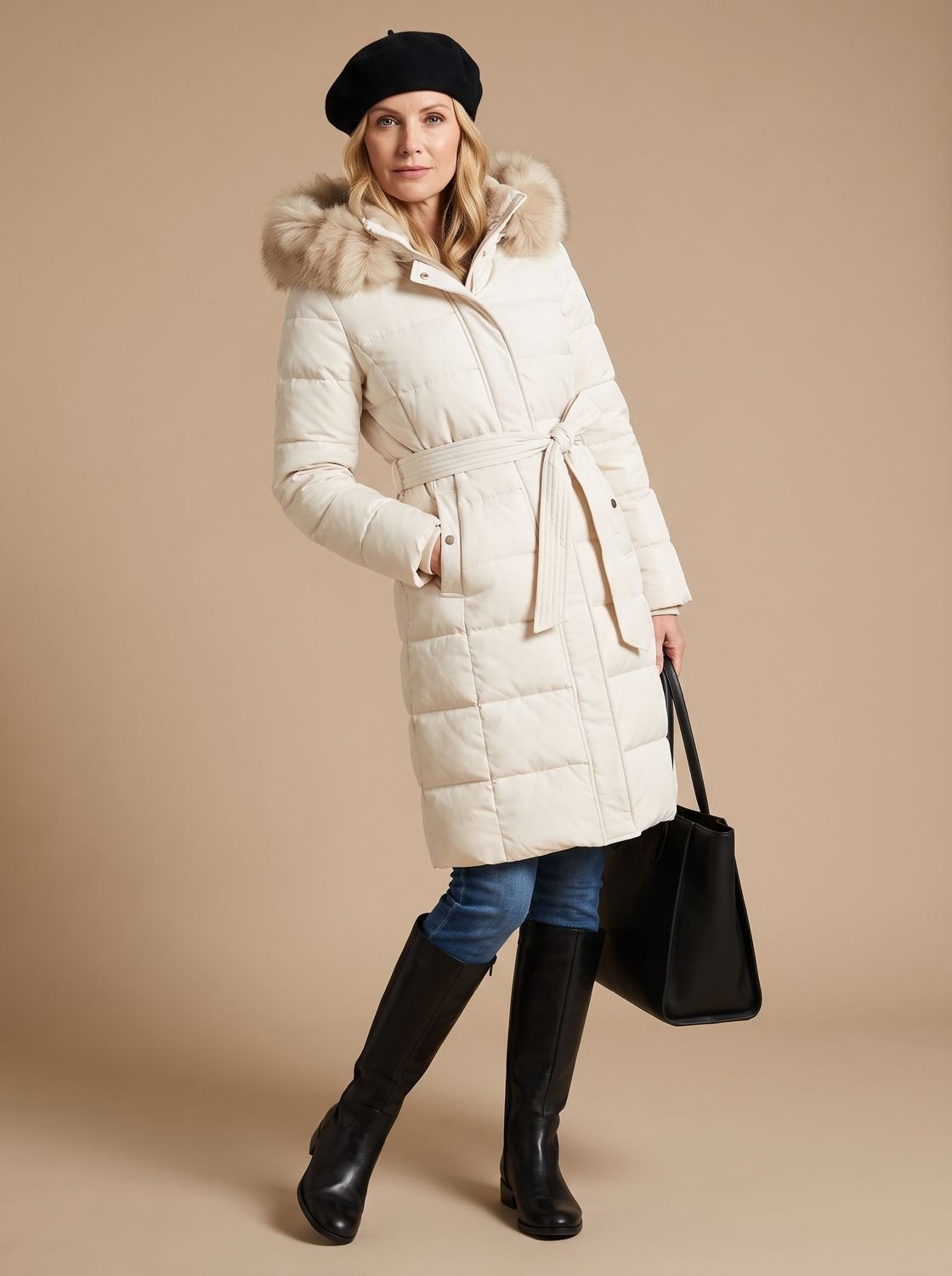 Women's Belt-Detail Mid-Calf Puffer Coat – White