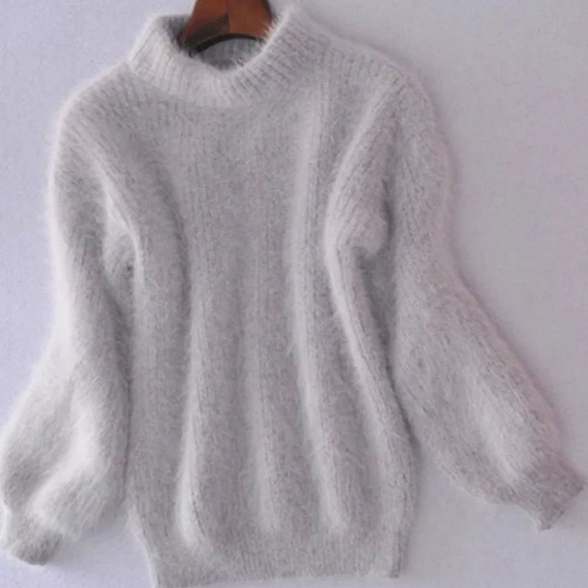 Women's Fuzzy Angora-Blend Roll-Neck Knit Pullover – Gray
