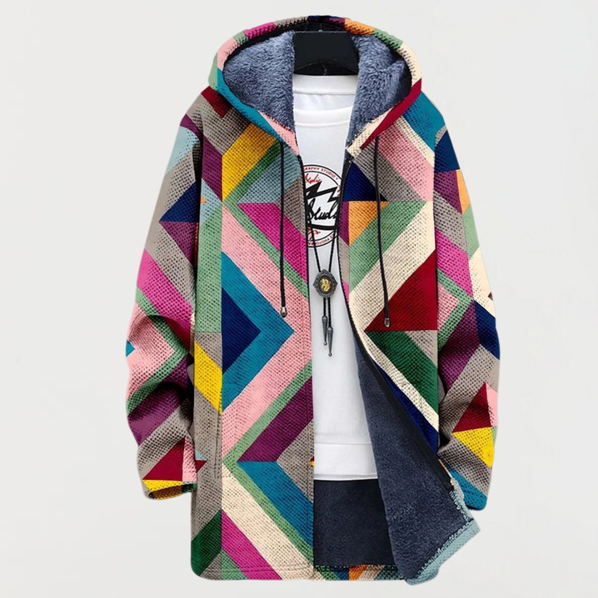 Women's Geometric Print Fleece-Backed Sweater Jacket – Multicolor