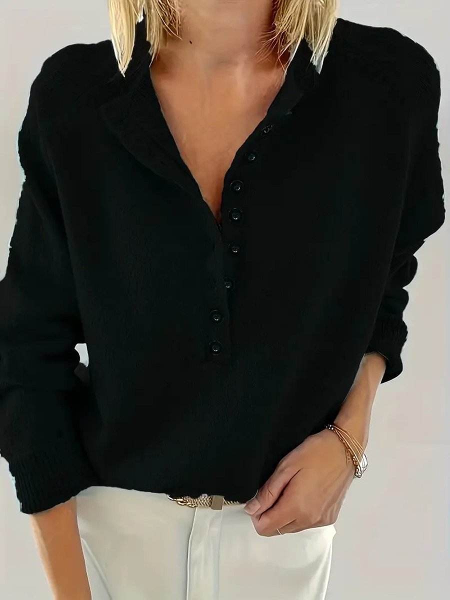 Women's V-Neckline Half-Button Knit Pullover – Black