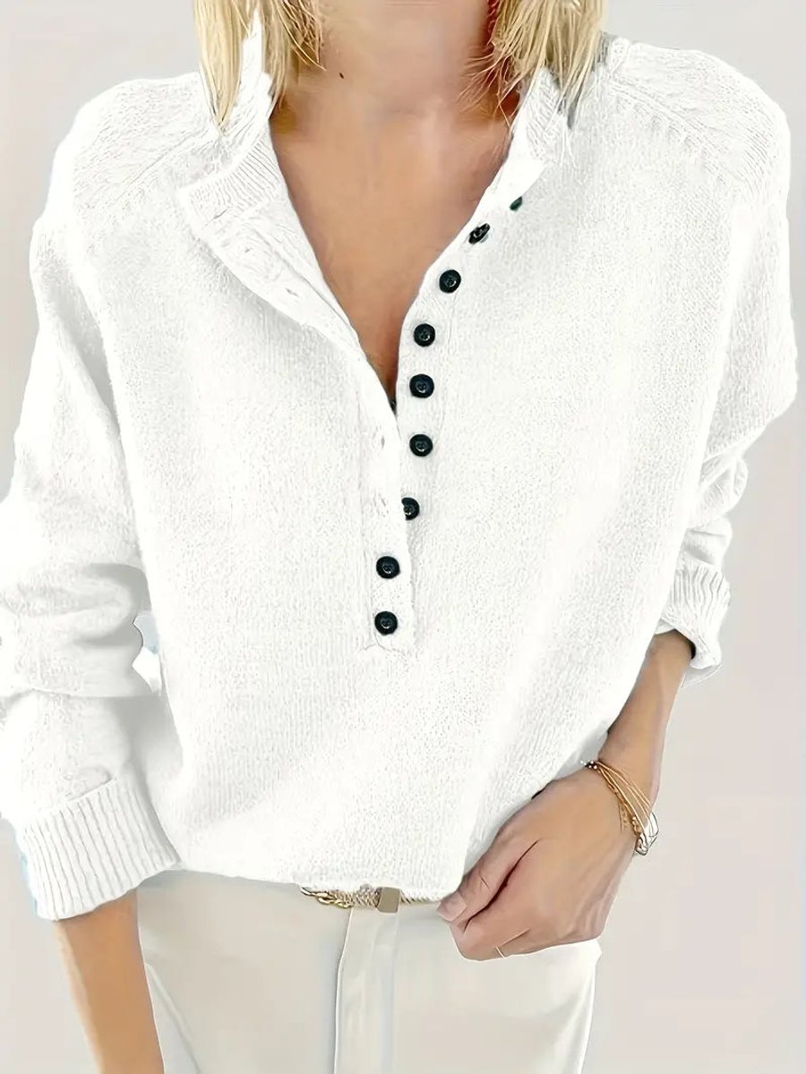 Women's V-Neckline Half-Button Knit Pullover – White