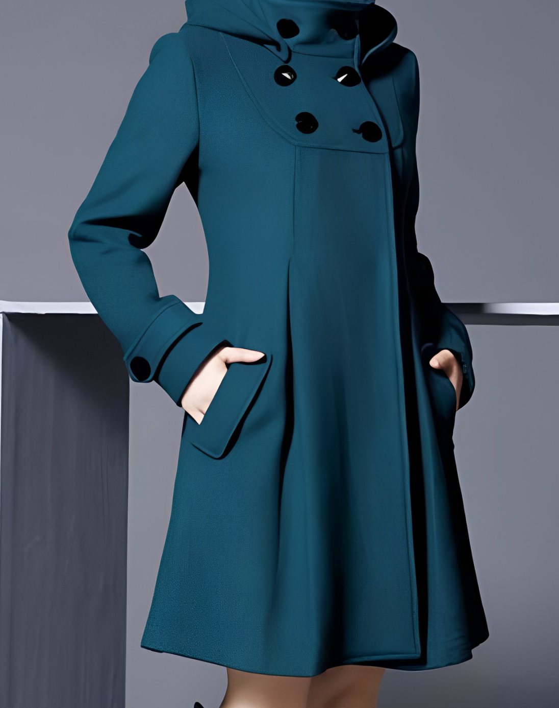 Women's Hood-Detail Double-Breast Flare Coat – Dark Green