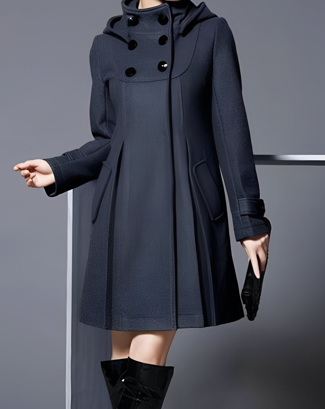 Women's Hood-Detail Double-Breast Flare Coat – Dark Gray