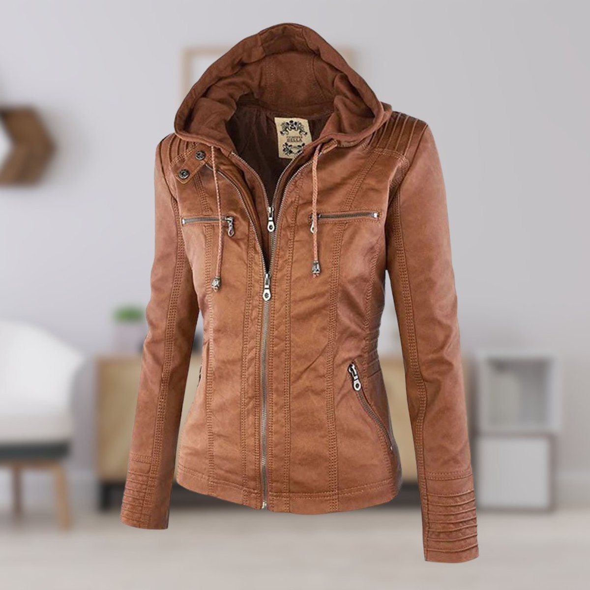 Women's Hood-Detail Leather-Look Moto Coat – Khaki