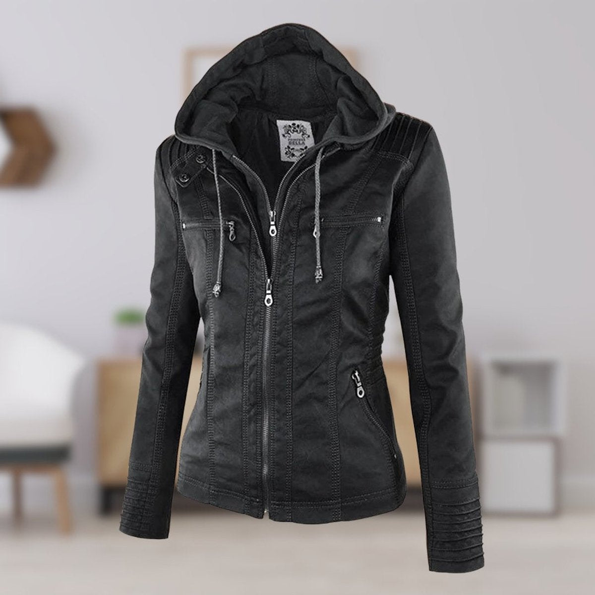 Women's Hood-Detail Leather-Look Moto Coat – Black