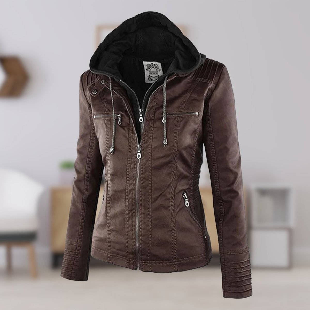 Women's Hood-Detail Leather-Look Moto Coat – Brown