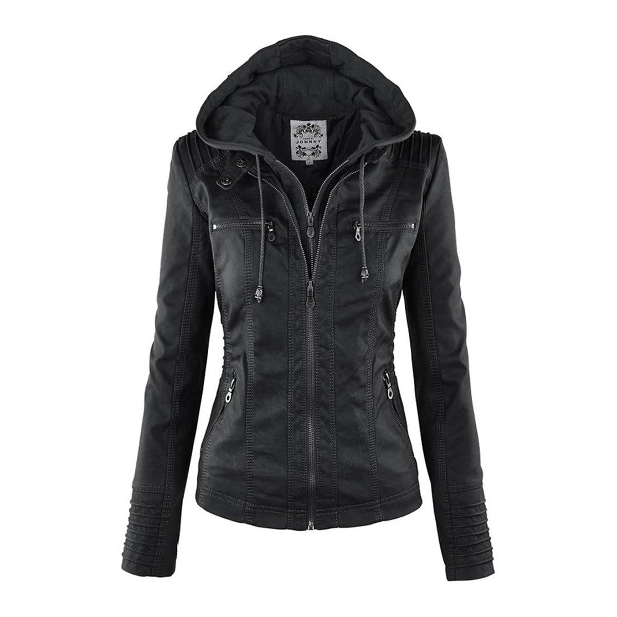Women's Hood-Detail Leather-Look Moto Coat – view 5
