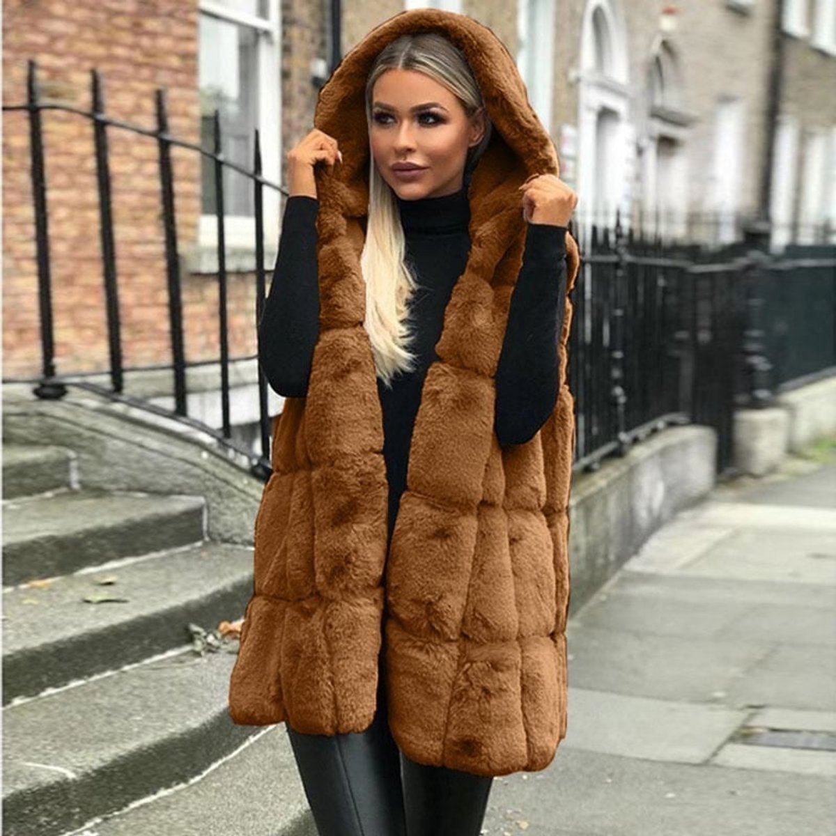 Women's Hood-Detail Long Padded Plush-Fur Vest – Brown