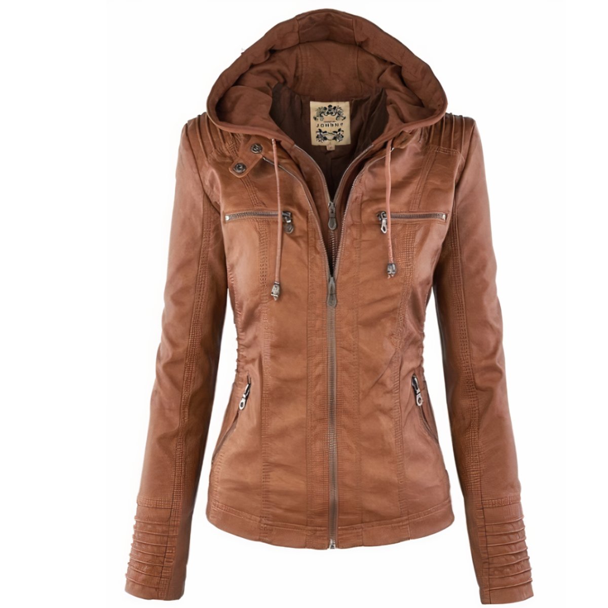 Women's Hood-Detail Moto Faux Leather Jacket – Brown