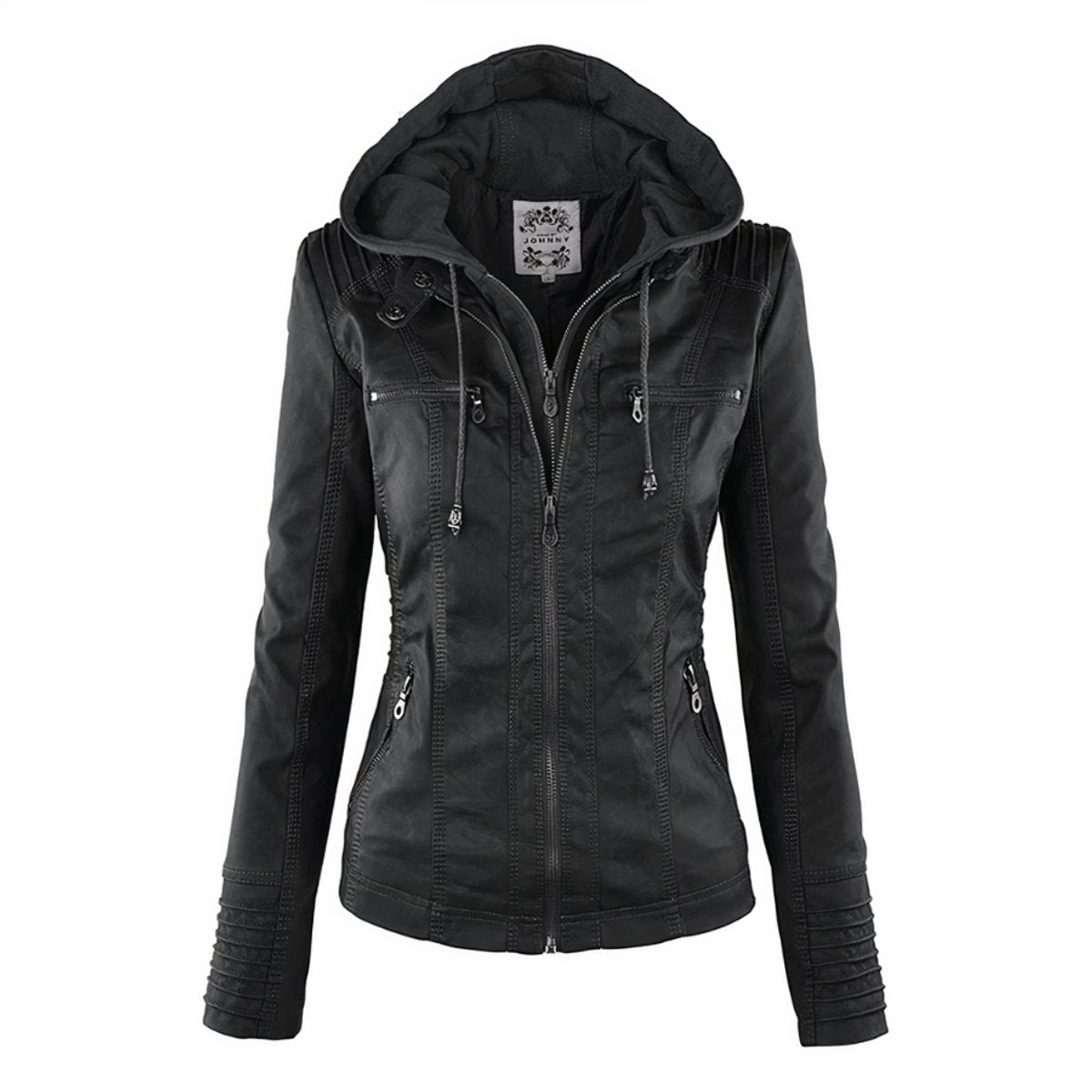 Women's Hood-Detail Moto Faux Leather Jacket – Black