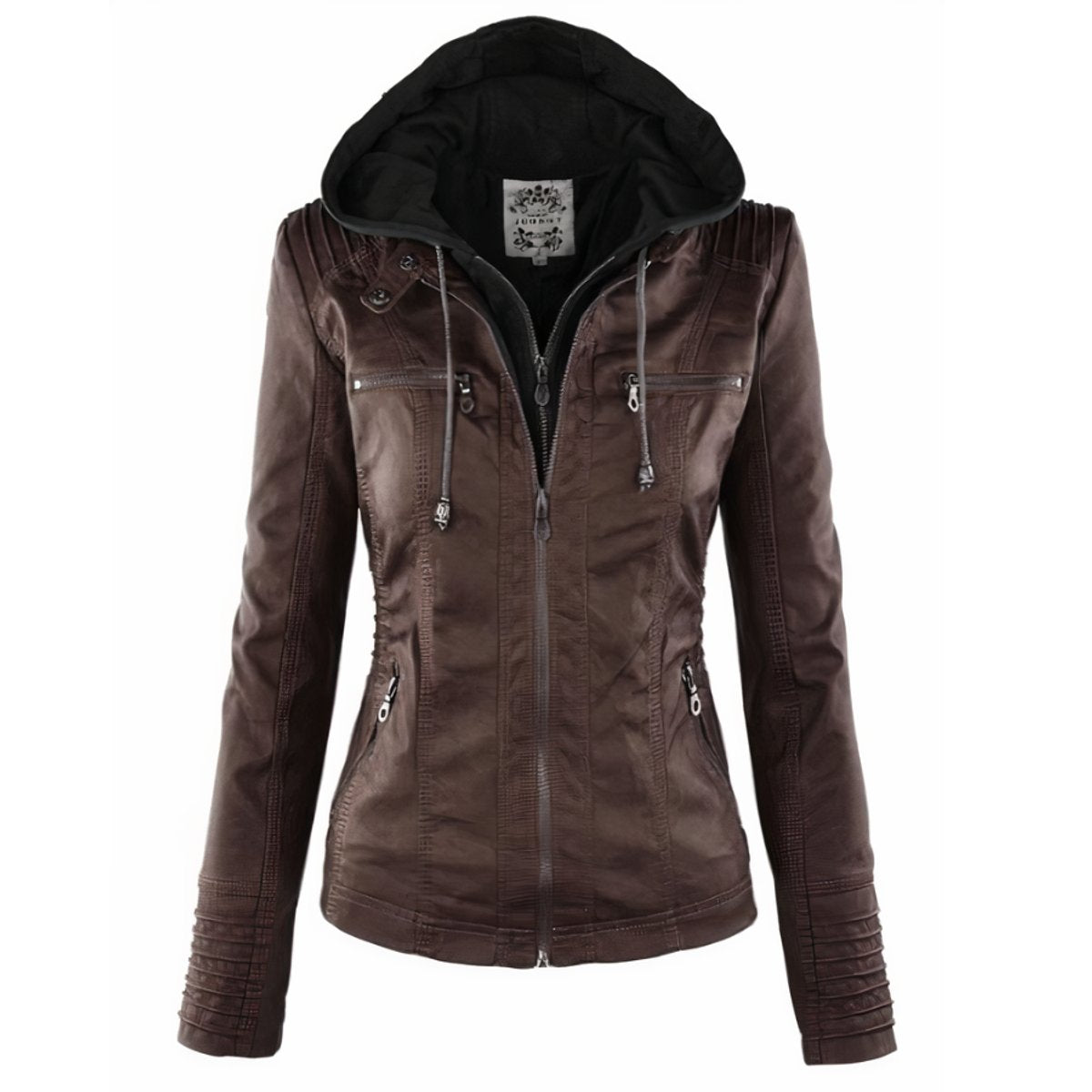Women's Hood-Detail Moto Faux Leather Jacket – Dark Brown