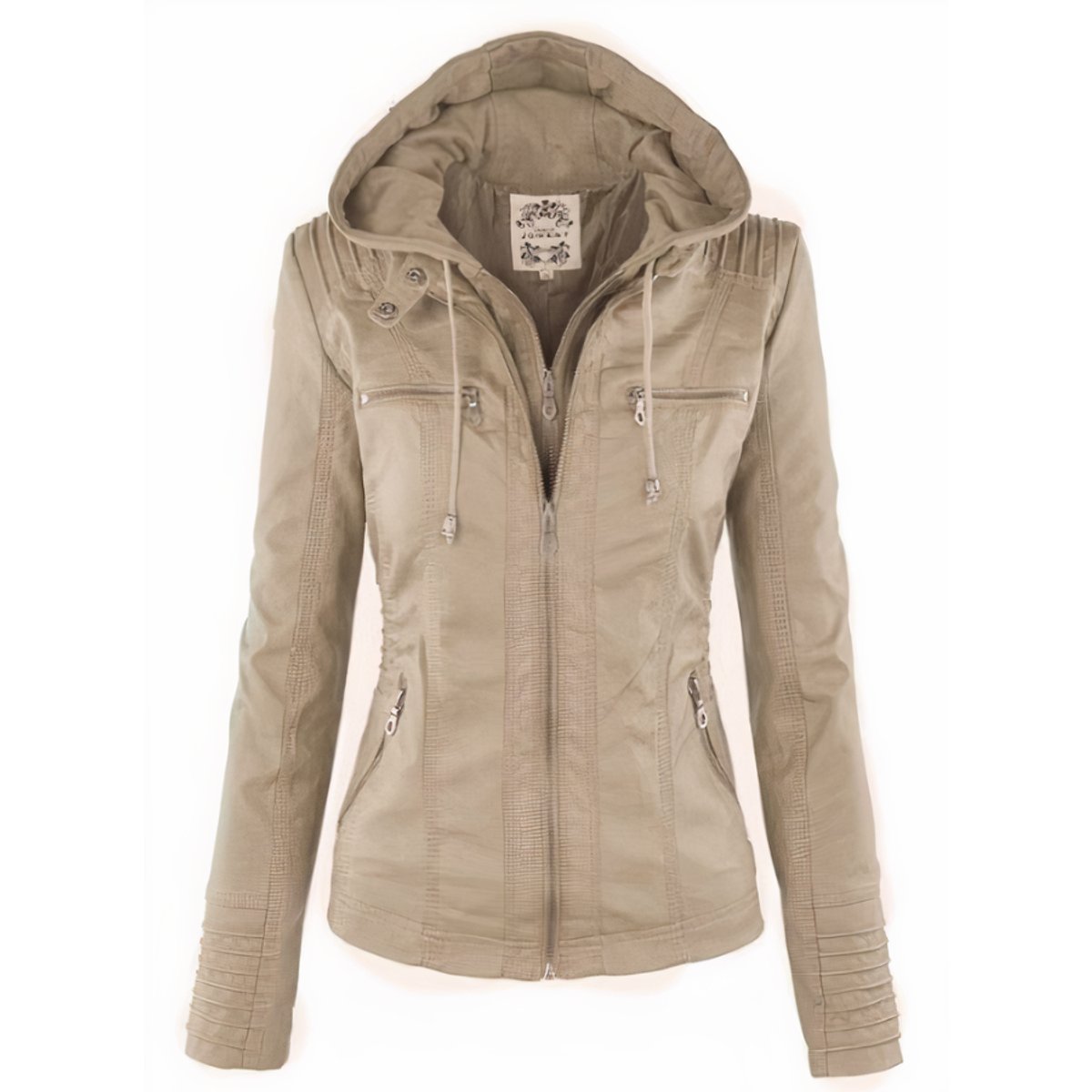 Women's Hood-Detail Moto Faux Leather Jacket – Beige