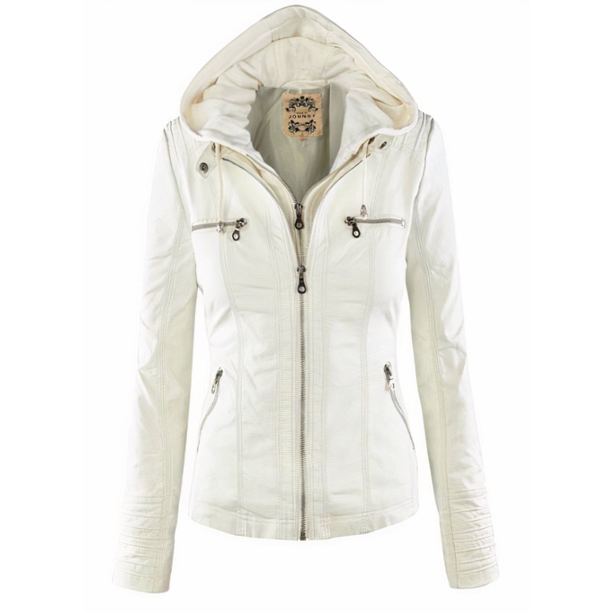 Women's Hood-Detail Moto Faux Leather Jacket – White