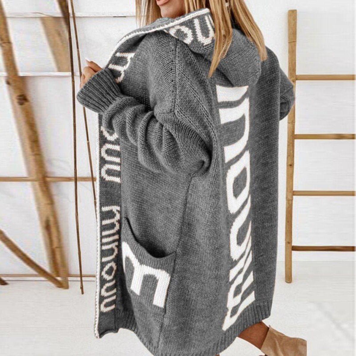Women's Hood-Detail Open-Style Knit Cardigan – Gray