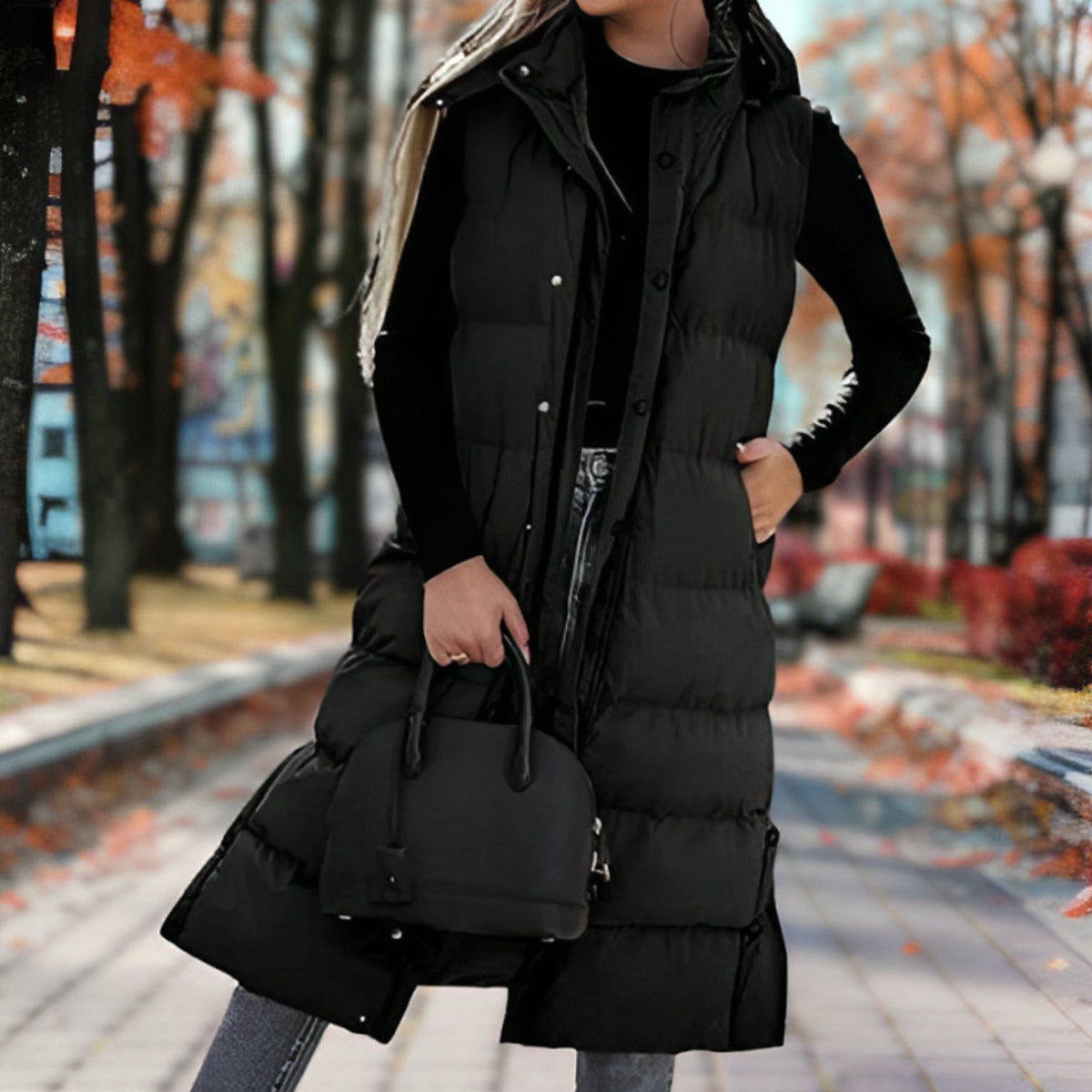 Women's Hood-Detail Padded Long Puffer Vest – Black