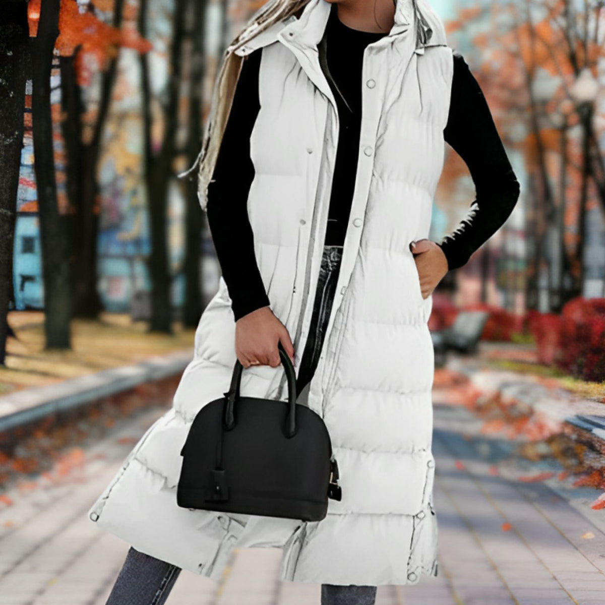Women's Hood-Detail Padded Long Puffer Vest – White