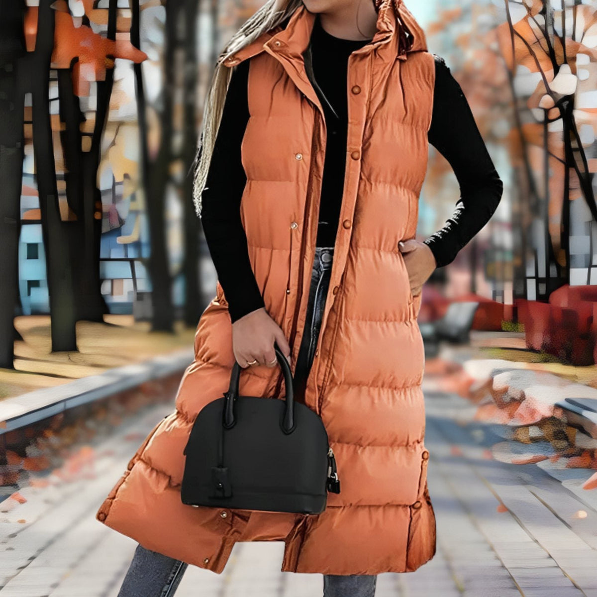 Women's Hood-Detail Padded Long Puffer Vest – Orange
