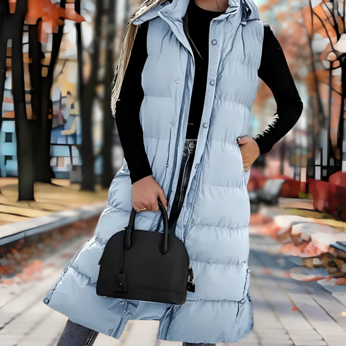 Women's Hood-Detail Padded Long Puffer Vest – Light Blue