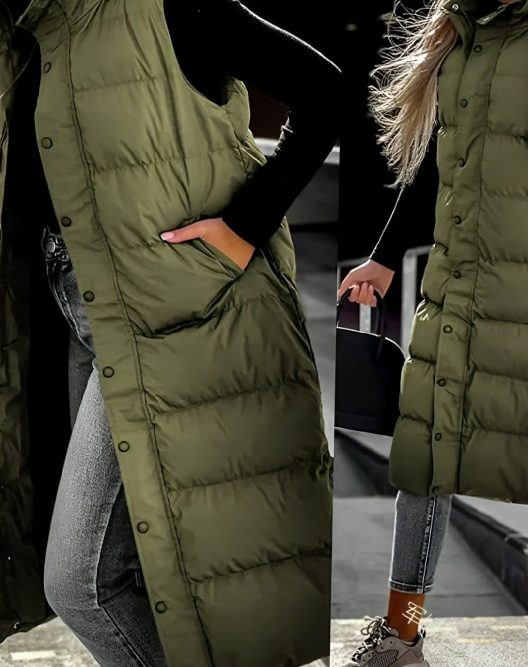Women's Hood-Detail Padded Long Puffer Vest – Army Green
