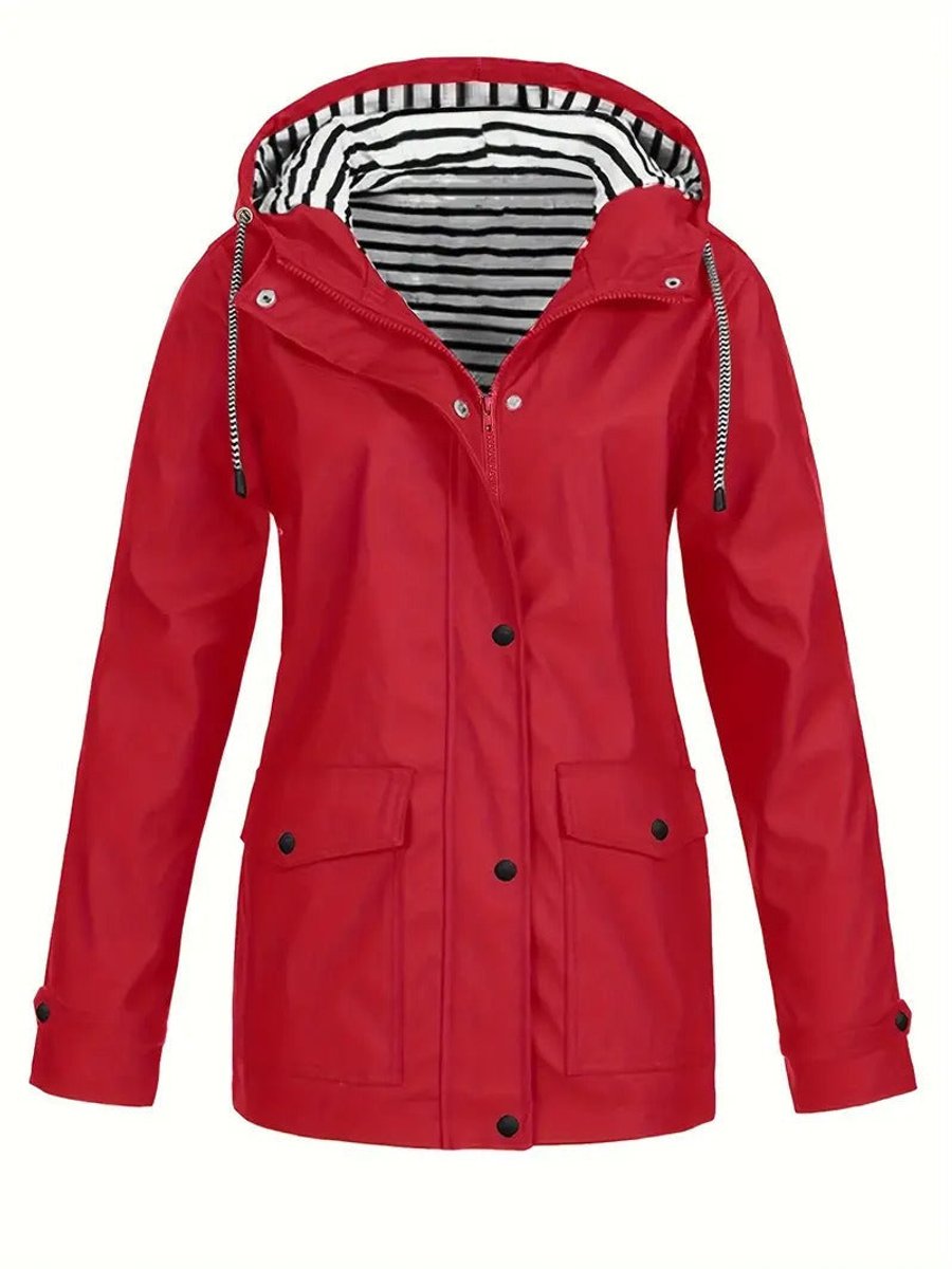 Women's Hood-Detail Weatherproof Full-Zip Rain Coat – Red