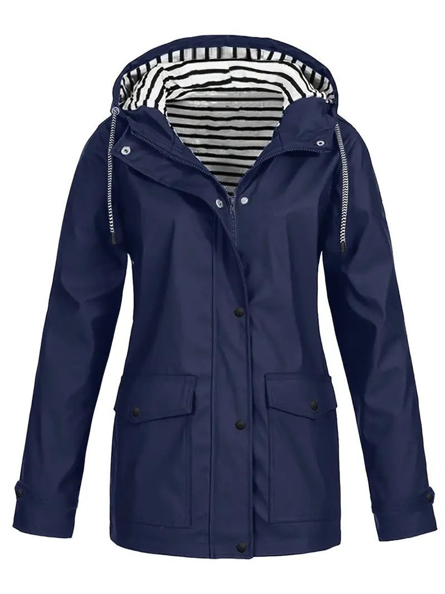Women's Hood-Detail Weatherproof Full-Zip Rain Coat – Navy Blue