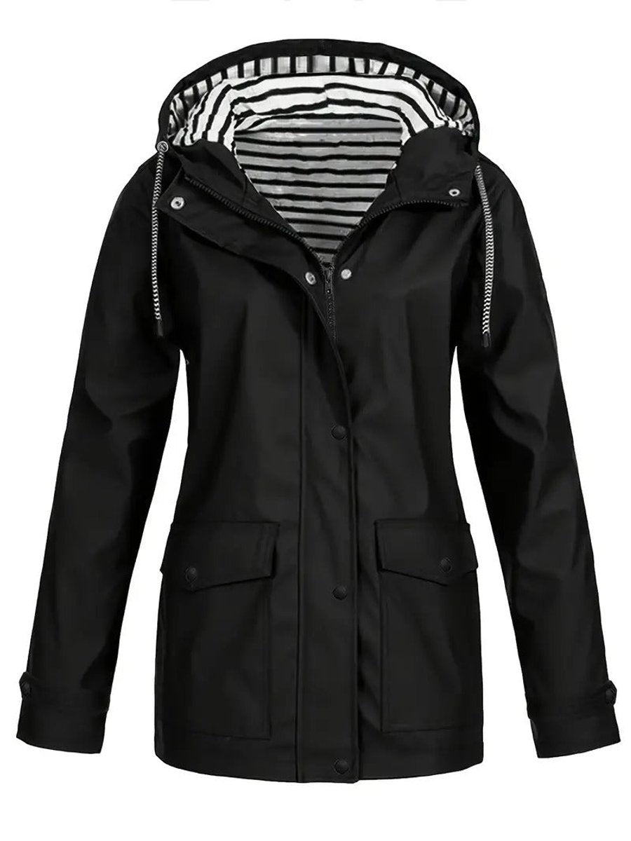 Women's Hood-Detail Weatherproof Full-Zip Rain Coat – Black