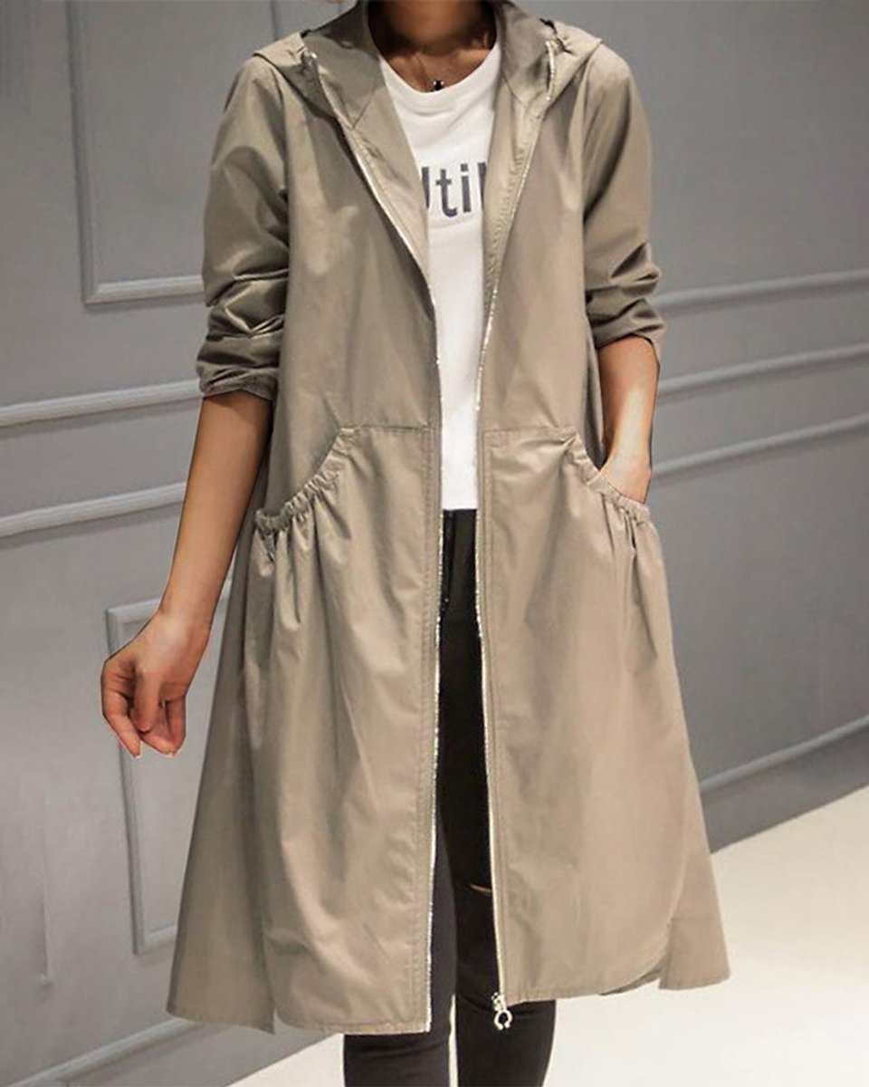 Women's Hood-Detail Weatherproof Long Trench Coat – Khaki