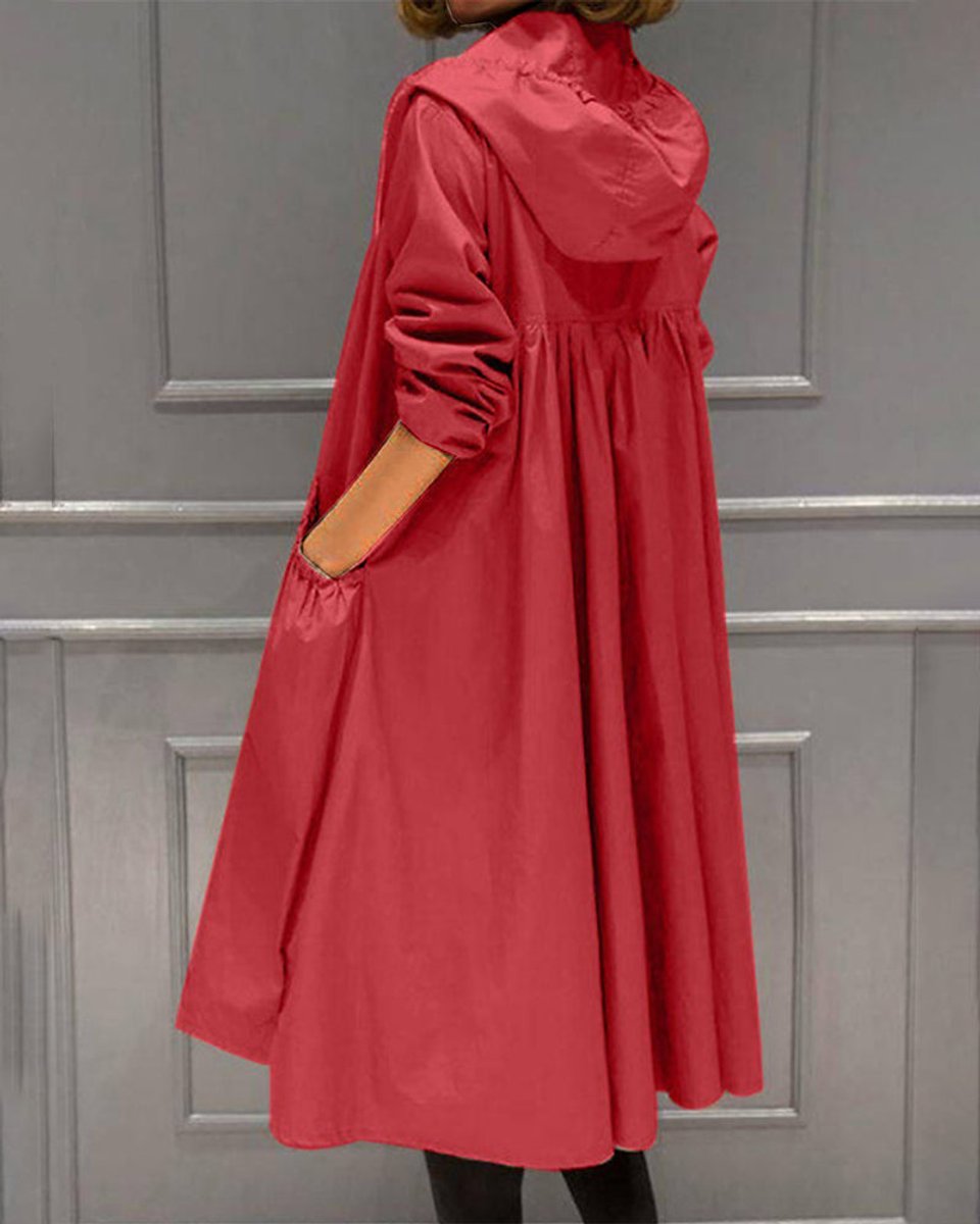 Women's Hood-Detail Weatherproof Long Trench Coat – Red