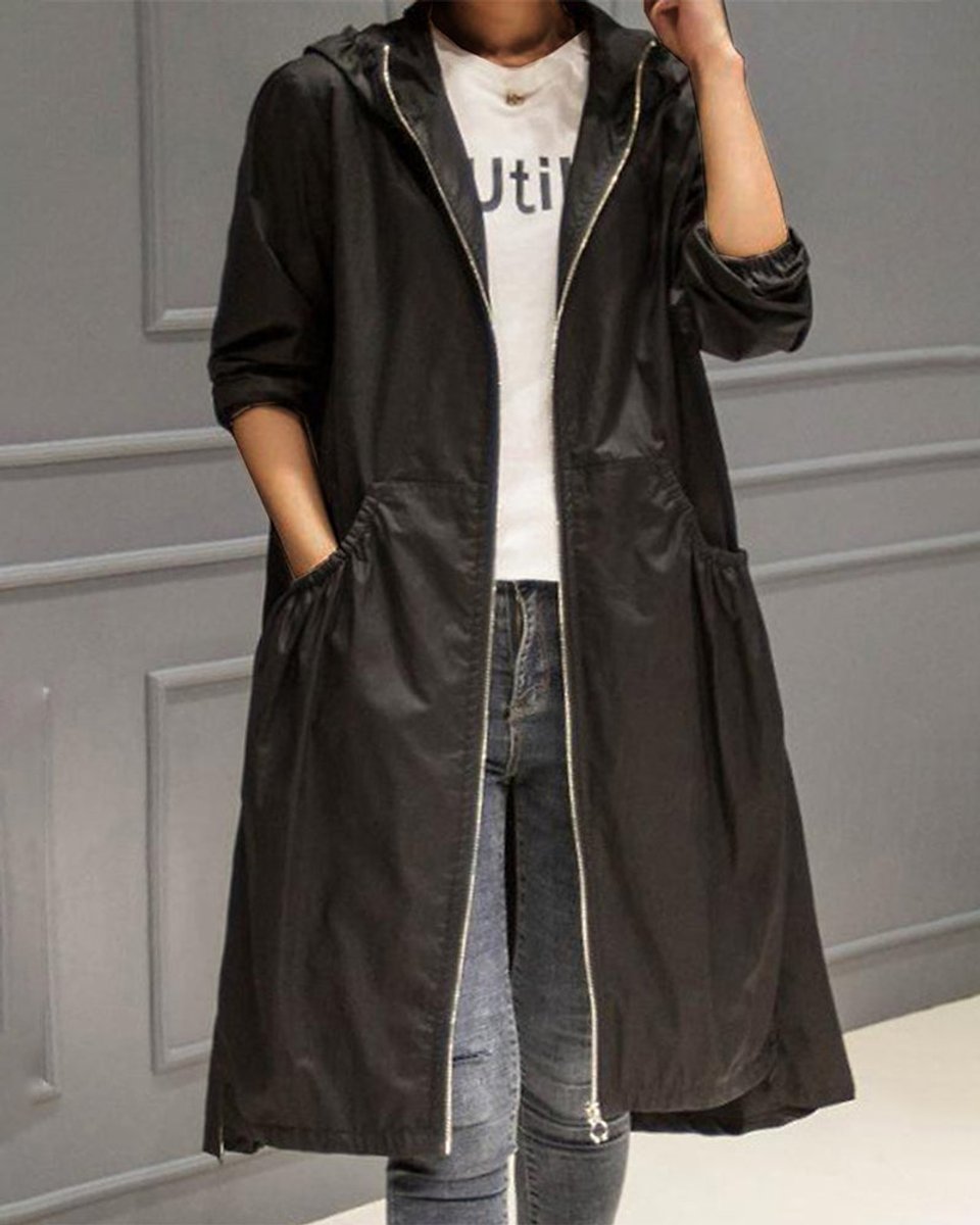 Women's Hood-Detail Weatherproof Long Trench Coat – Black