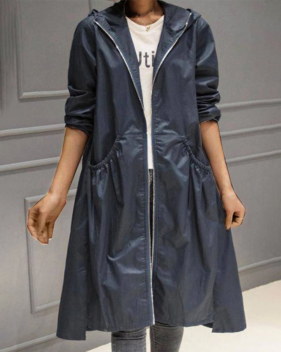 Women's Hood-Detail Weatherproof Long Trench Coat – Navy Blue