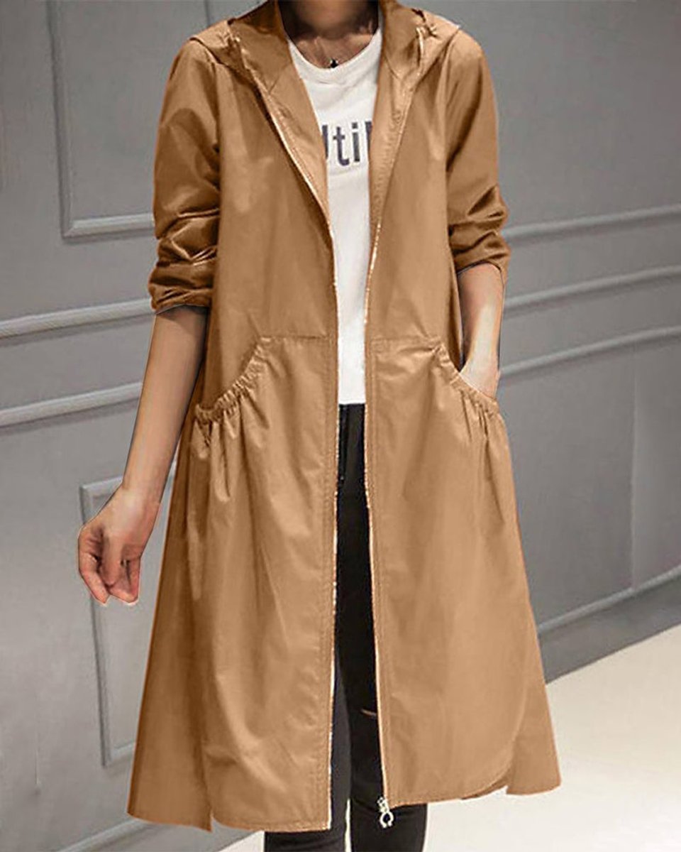 Women's Hood-Detail Weatherproof Long Trench Coat – Brown