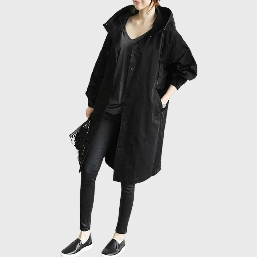 Women's Hood-Detail Weatherproof Trench Coat – Black