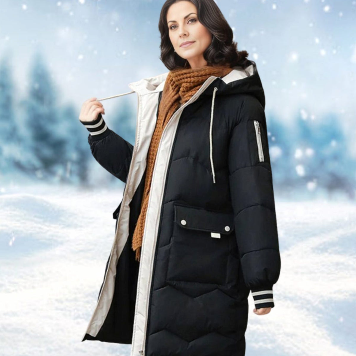 Women's Thermal-Lined Hood-Detail Mid-Length Puffer Coat – Black