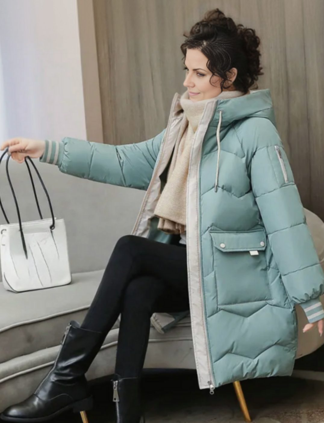 Women's Thermal-Lined Hood-Detail Mid-Length Puffer Coat – Light Green
