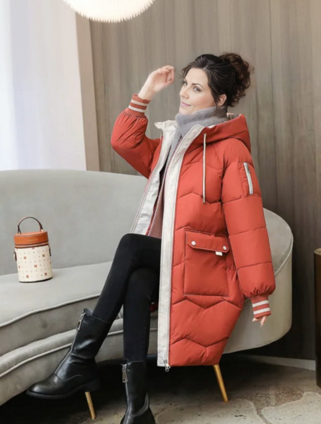 Women's Thermal-Lined Hood-Detail Mid-Length Puffer Coat – Red