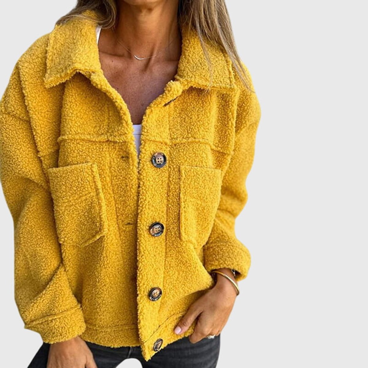 Women's Sherpa Fleece Button-Front Jacket for Winter – Yellow