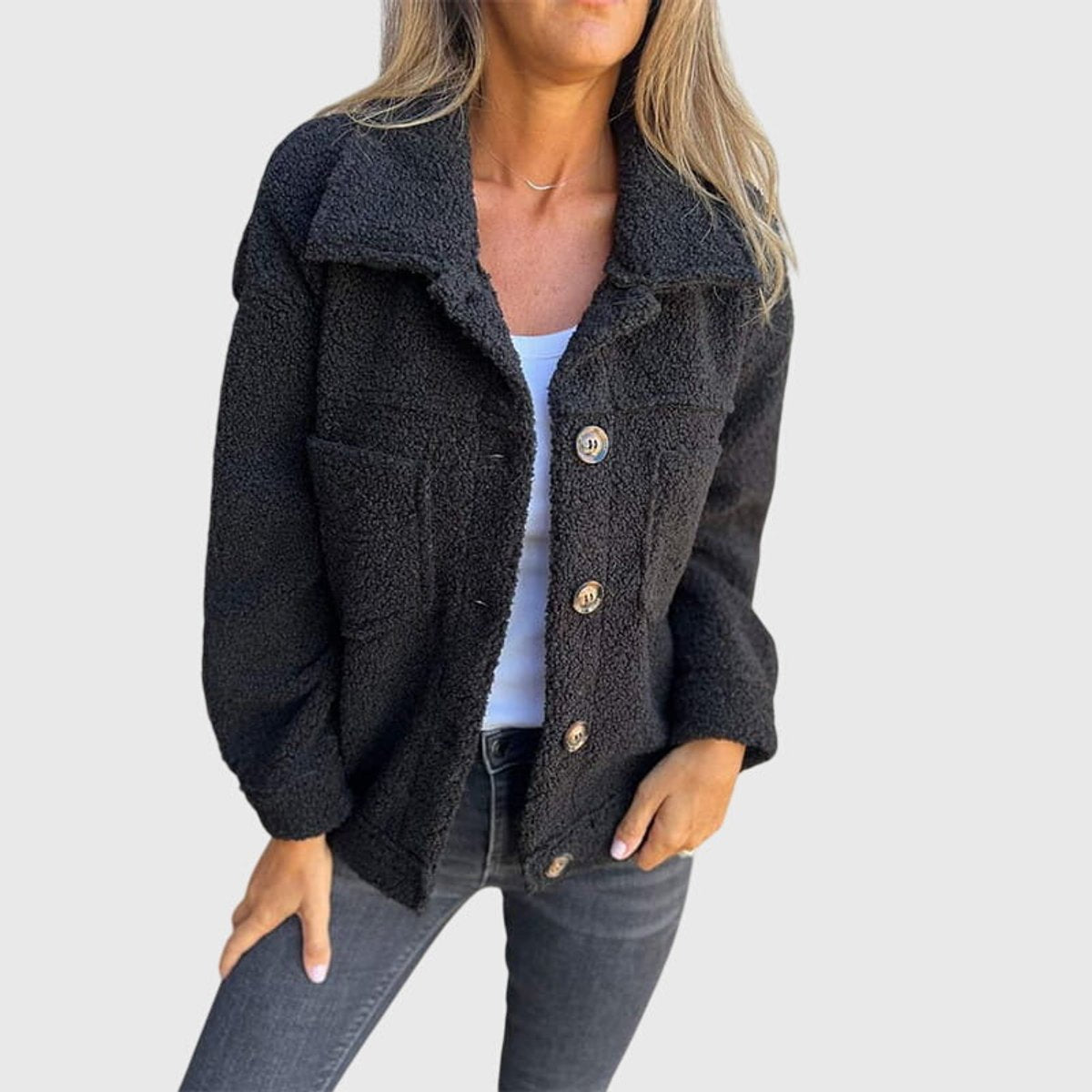 Women's Sherpa Fleece Button-Front Jacket for Winter – Black