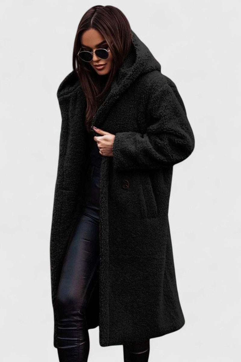 Women's Relaxed-Fit Teddy Fleece Coat – Black