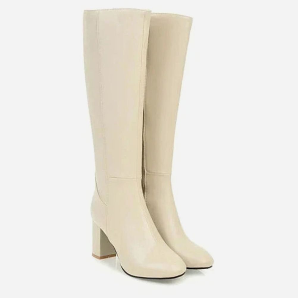 Women's Knee-High Block-Heel Side-Zip Boots for Evening Wear – White