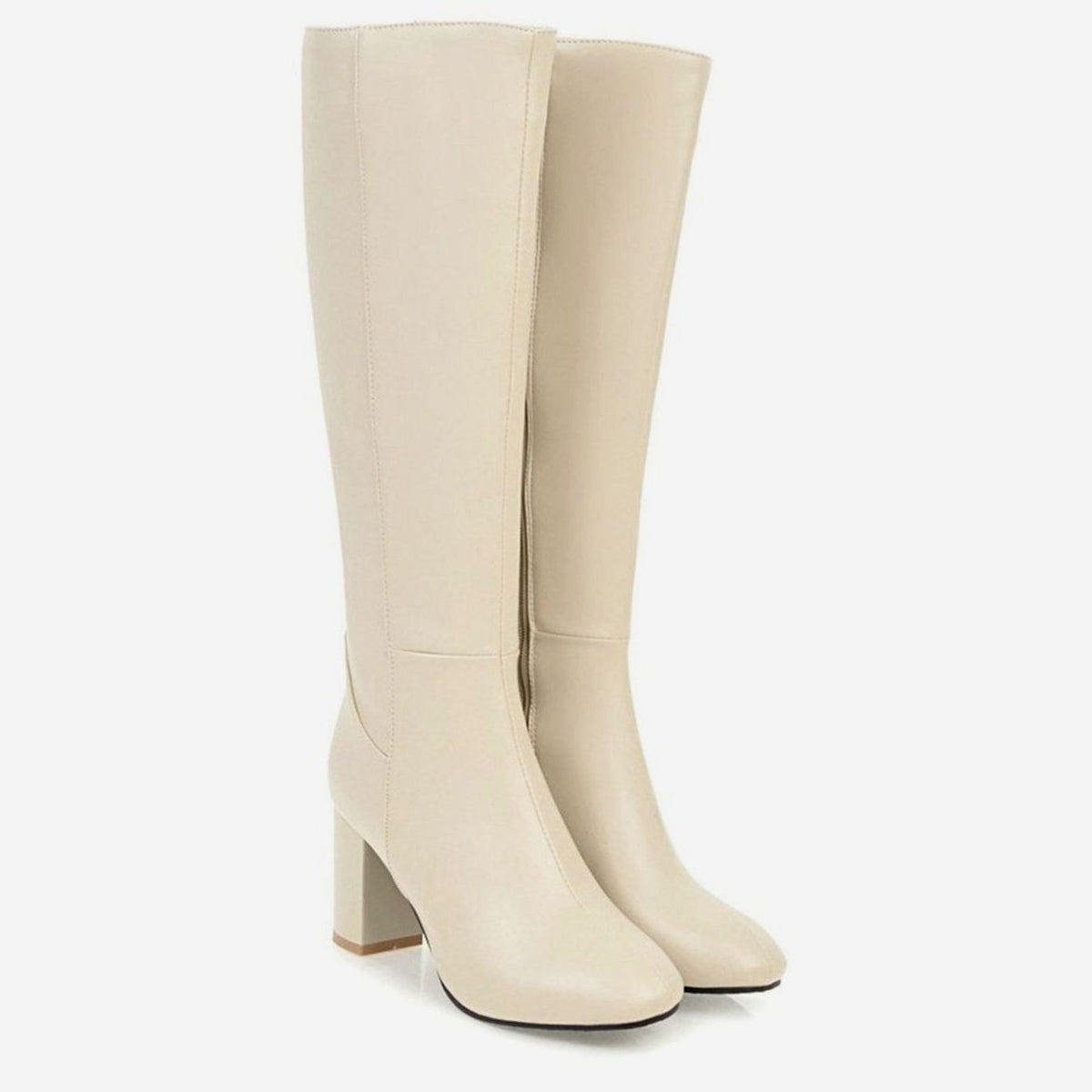 Women's Smooth Leather-Look Knee-High Boots – Beige