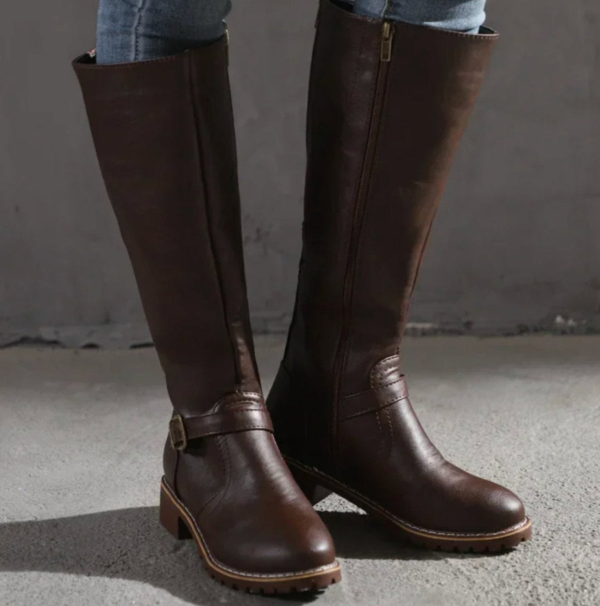 Women's Block-Heel Leather Riding Boots for Evening Wear – Dark Brown