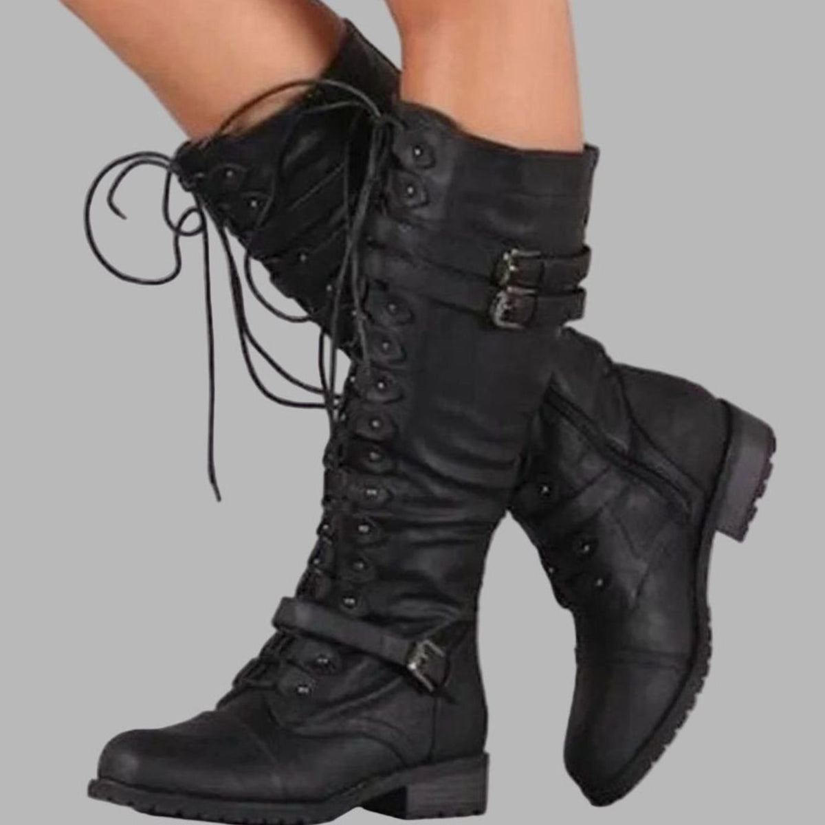Women's Knee-High Laced Buckle-Detail Combat Boots – Black