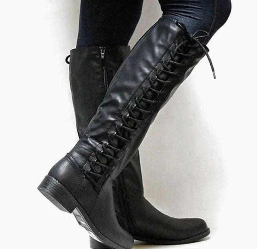 Women's Knee-High Laced Side-Zip Riding Boots – Black