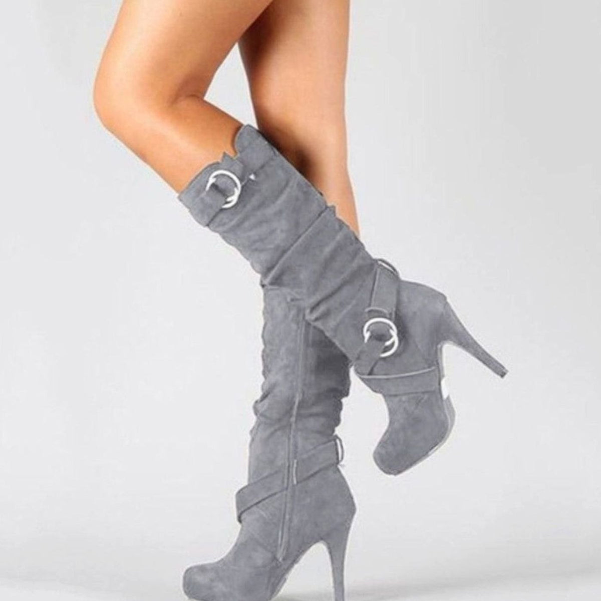 Women's Knee-High Stiletto Heel Suede-Finish Boots – Gray
