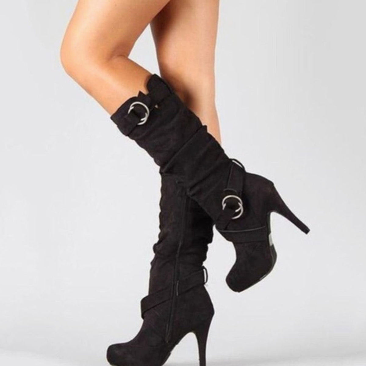 Women's Knee-High Stiletto Heel Suede-Finish Boots – Black