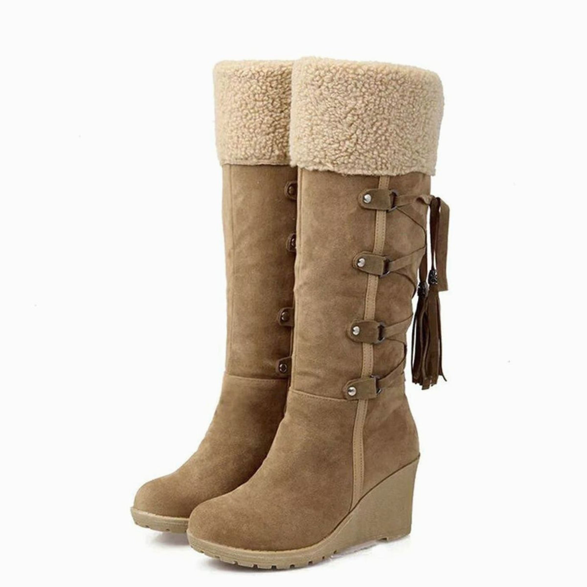 Women's Knee-High Wedge-Heel Cold-Weather Boots – Beige