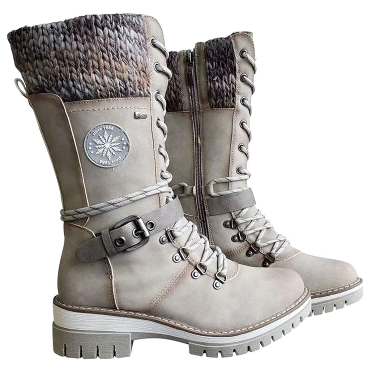 Women's Knit-Cuff Tie-Front Mid-Calf Cold-Weather Boots – White
