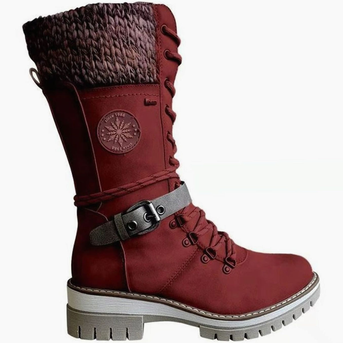 Women's Knit-Cuff Tie-Front Mid-Calf Cold-Weather Boots – Red